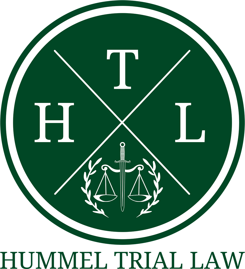 A green circular logo with the letters H, T, and L separated by white lines, a sword and scales of justice, and the text "HUMMEL TRIAL LAW" below.