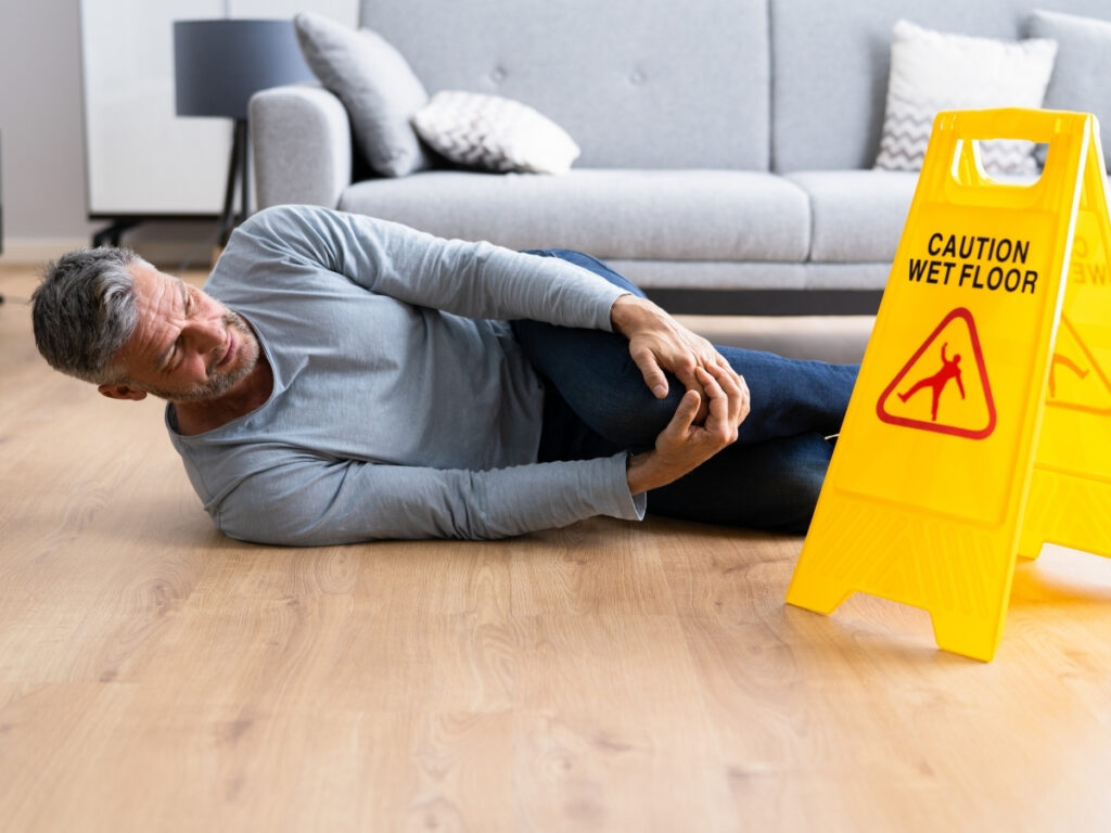 A man lies on the floor holding his leg in pain near a "Caution Wet Floor" sign in a living room, illustrating the risks of slip and fall injuries.