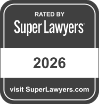 Black and white badge displaying "Rated by Super Lawyers 2026" with a link to visit SuperLawyers.com at the bottom.