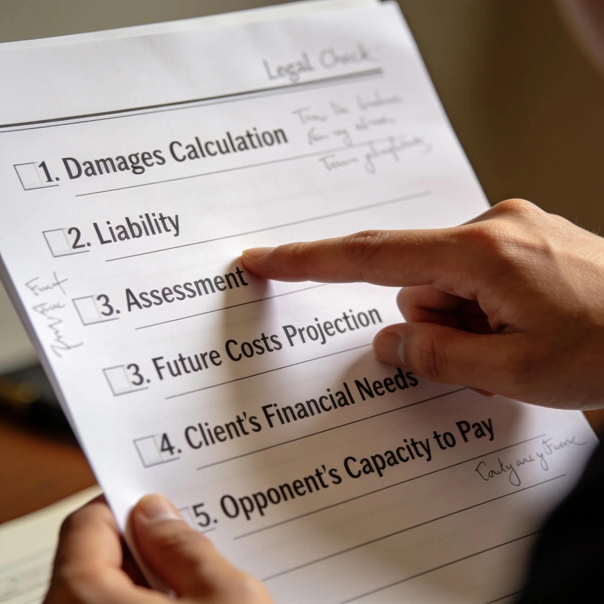 Close-up of a legal checklist for evaluating settlement fairness