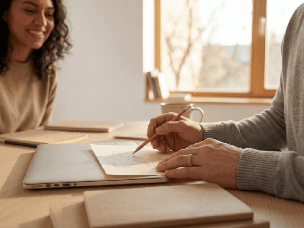 Two people sit at a table with notebooks and a laptop, as one person draws on a piece of paper with a pencil, thoughtfully mapping out their financial planning strategies.