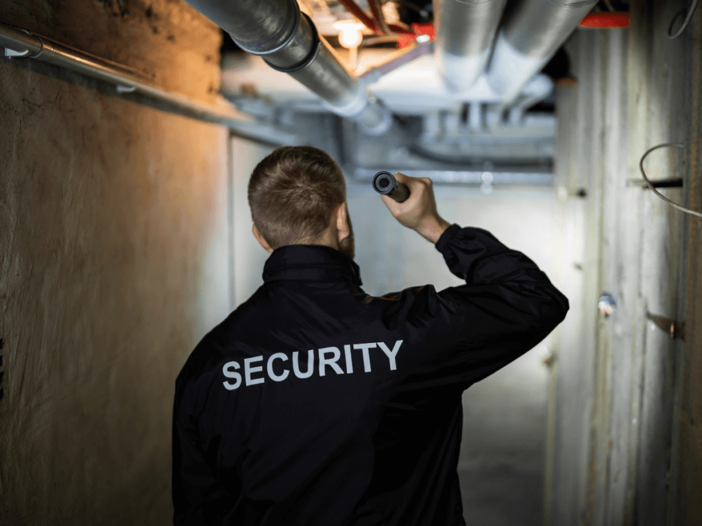 A person in a jacket labeled “SECURITY” checks a dim hallway with a flashlight, highlighting the importance of preventing nightclub negligent security incidents in Georgia.