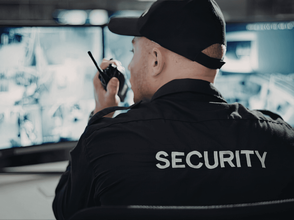A security guard wearing a black uniform and cap speaks into a walkie-talkie while monitoring surveillance screens, ensuring that nightclub negligent security concerns in Georgia are addressed professionally.