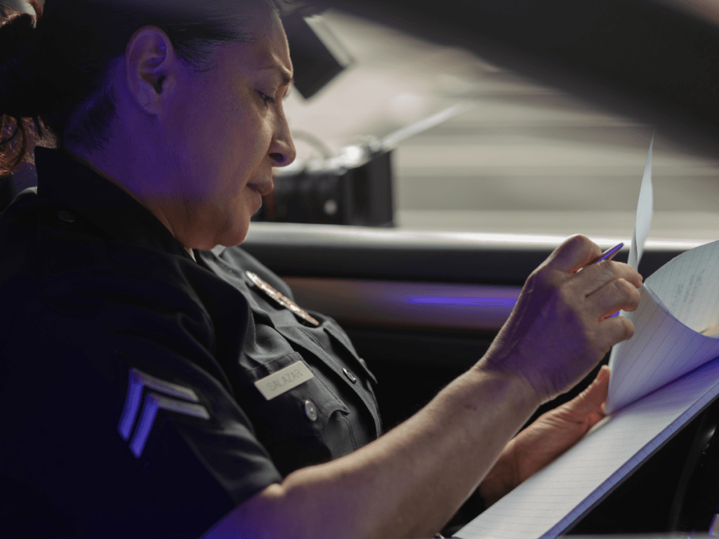 A police officer sits in a patrol car, carefully writing in a notepad with a pen to ensure there are no police report errors.